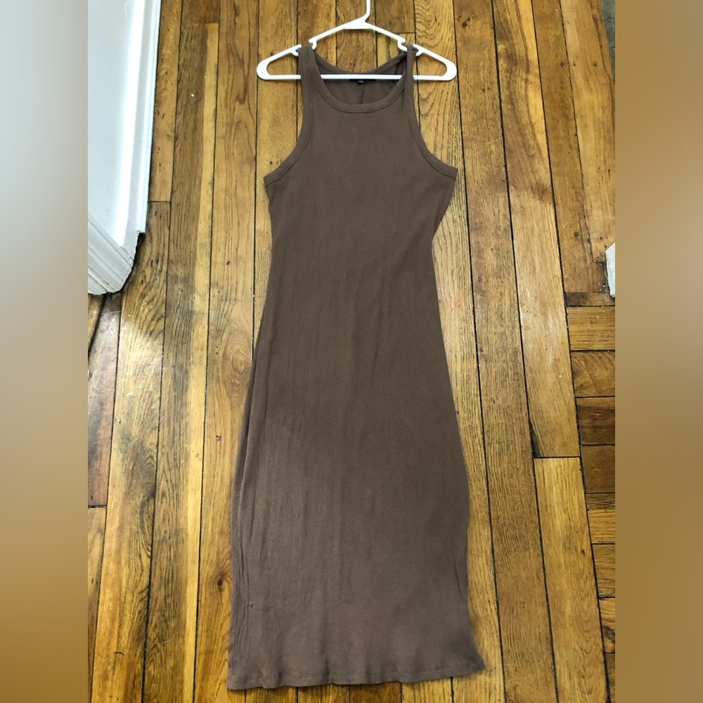 Brown Ribbed High Neck Tank Midi Dress - Picture 1 of 4